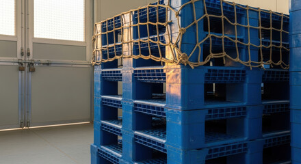 Stacked blue plastic pallets secured with rope net in warehouse storage area near closed industrial loading doors under warm afternoon light