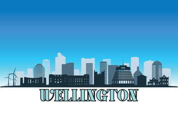 Naklejka premium Global city Wellington shown in a detailed vector skyline with a bright blue sky