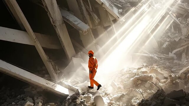 Rescue workers swiftly evacuate survivors, navigating shattered debris as the collapsed house crumbles into ruin.