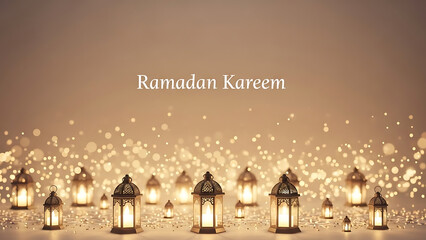 Elegantly lit traditional Islamic lanterns glowing in a warm, festive setting, perfect for spiritual celebrations and cultural events