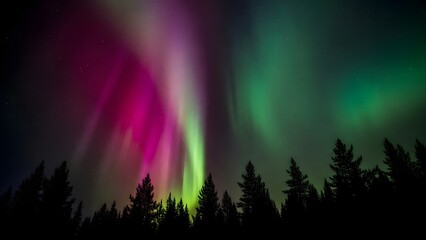 Vibrant magenta and green aurora borealis dancing in the night sky above a silhouette of pine trees, a breathtaking natural light display in the arctic wilderness