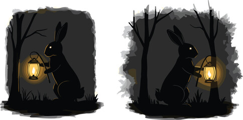 Rabbit silhouettes with glowing lanterns in forest, whimsical night exploration scene, storytelling concept, cad drawing flat vector illustration © Nur-Nobin Creations