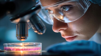 Caucasian female scientist analyzes petri dish sample under microscope in medical development laboratory during medicine and biotechnology research