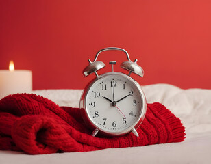 A vintage-style white alarm clock wrapped in a cozy red scarf against a vibrant red background, conveying warmth and comfort. Ideal for winter and cozy home concepts, red alarm clock on the bed