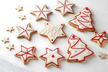 Festive gingerbread star cookies and sweet biscuit decorations on a wooden background for a Christmas holiday celebration