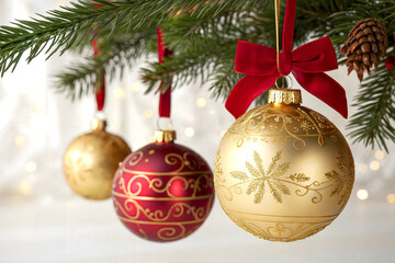 Fototapeta premium Red glass holiday baubles hanging on a green pine tree branch for Christmas decoration