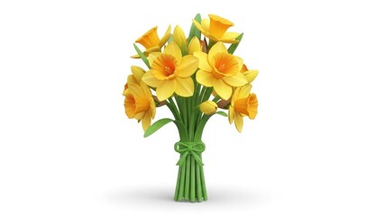 Obraz premium A bouquet of yellow daffodils with green stems and leaves, tied with a green ribbon.