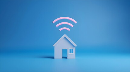 Minimalist White House Icon with Wifi Signal on Blue Background