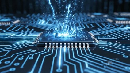 Close up view of a blue computer circuit board showing digital technology and electronic connections - Powered by Adobe