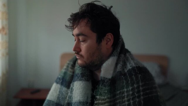 Man wrapped in blanket looking down in morning tiredness