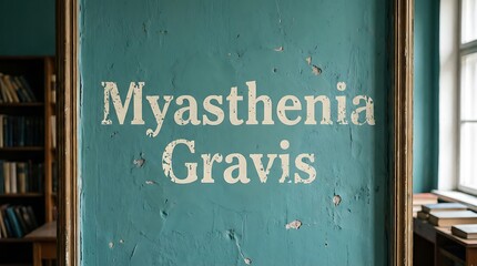 Myasthenia Gravis text on distressed blue wall framed by antique gold, evokes medical history