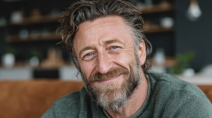 Close up portrait of mature man with beard smiling while relaxing at home on sofa looking toward the camera