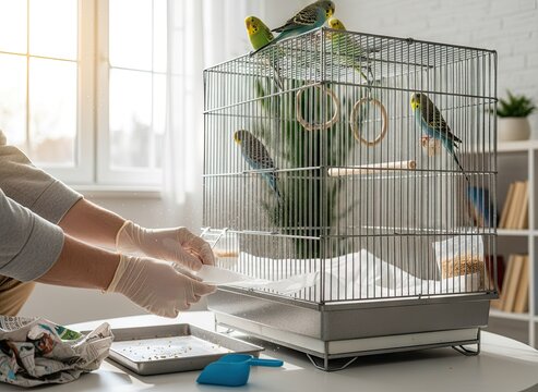 Woman wearing white gloves cleans a large birdcage with four colorful budgies inside on a white table near a window with bright sunlight filtering through, casting soft shadows on the wall.