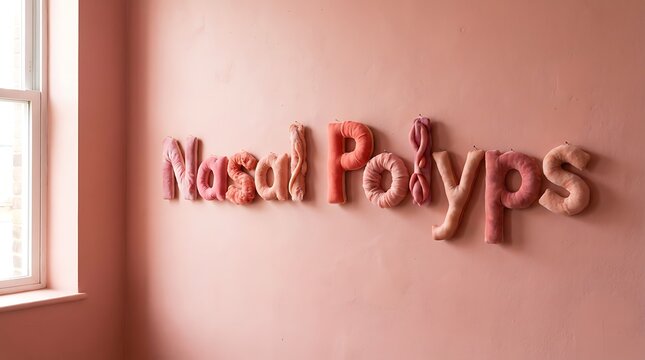 Unique decorative plush letters spelling Nasal Polyps on trendy pink wall near natural light