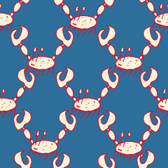 Hand drawn seamless pattern with white doodle crabs on blue background.
