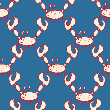 Hand drawn seamless pattern with white doodle crabs on blue background.