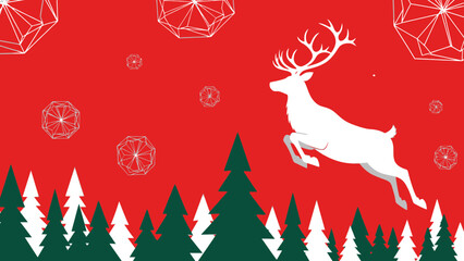 Stylized graphic of a white leaping reindeer above evergreen trees on a vibrant red background, concept for holiday celebration, seasonal marketing and festive design