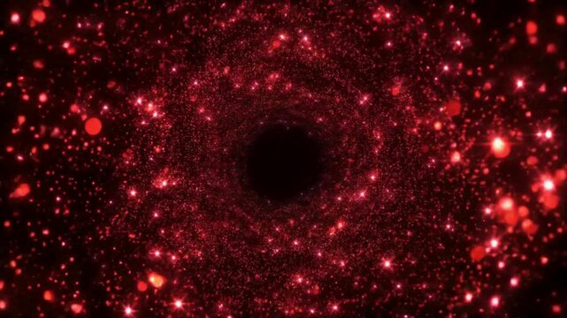 Cosmic Passage: An entrancing journey through a deep red nebula, where twinkling stars dance around a central black void, hinting at the mysteries of the universe.