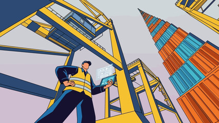 Worker using digital tablet under large gantry cranes with stacked shipping containers, concept for logistics management, smart industry solutions and global trade