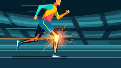 Runner experiencing severe knee pain during athletic activity with glowing joint illustration, concept for sports medicine, physical therapy and joint health awareness