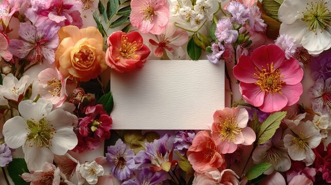 Creative flat lay features colorful spring flowers and leaves framing a blank paper card for a nature concept design, trendy decorative design - Powered by Adobe