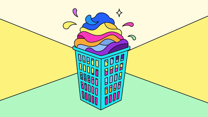 A vibrant illustration of a laundry basket overflowing with colorful clothes and splashes, concept for cleaning services promotion, household organization and vibrant lifestyle content