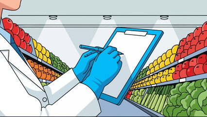 Person in lab coat and blue gloves inspects fresh produce with a clipboard in a supermarket aisle, concept for food inspection, inventory management and healthy eating campaigns