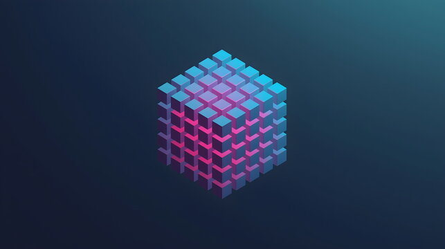 Futuristic isometric cube structure made of smaller blocks with blue and pink neon light - Powered by Adobe