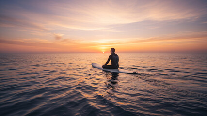 Surfer Sitting on Surfboard in Ocean Looking at Horizon