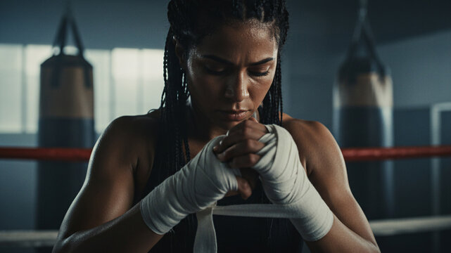 Focused young woman with braided hair wrapping hands with bandages for training. - Powered by Adobe
