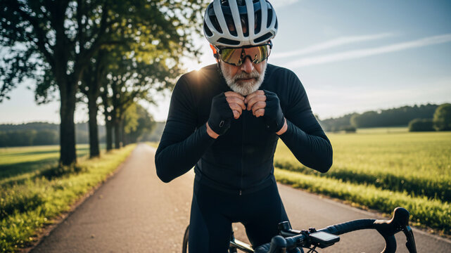 Older man with grey beard adjusting his helmet before a ride. - Powered by Adobe