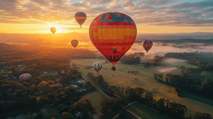 Obraz premium Hot Air Balloons Soaring Over Misty Landscape at Sunrise.