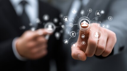 Businessman navigating business ecosystems and partnerships on touchscreen for collaboration