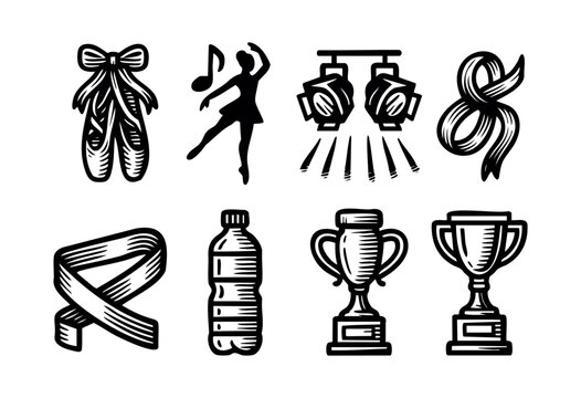 A collection of ballet and dance themed icons, including ballet shoes, dancer silhouette, spotlights, water bottle, ribbon and trophy, presented in a clean woodcut style &mdash; stock vector.