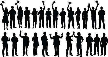 Celebration silhouettes, trophy pose, teamwork, applause, high five, success gesture, unity moment, cad drawing flat vector