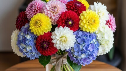 A vibrant bouquet of colorful dahlias and hydrangeas in a vase on a wooden table.