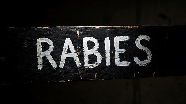 Rustic warning sign hand painted with the word Rabies on dark wood background