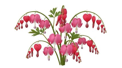 A bouquet of pink and red bleeding heart flowers with green leaves on a white background.