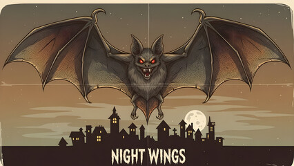 Mysterious Bat Soaring Over Spooky Ghost Town at Night