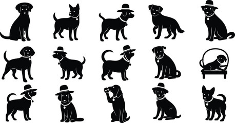 Dog silhouettes, playful poses, breed variety, accessories, hats, collars, bench, cup, cad drawing flat vector