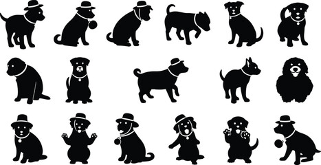 Dog silhouettes, playful poses, breed variety, accessories, hats, collars, sitting, standing, cad drawing flat vector