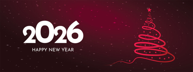 Happy New Year 2026 Banner with Red Christmas Tree Line Art on Dark Background