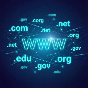 Glowing blue neon graphic depicts the world wide web symbol surrounded by various top level domain extensions like dot com dot net dot org and dot Edu representing internet infrastructure.