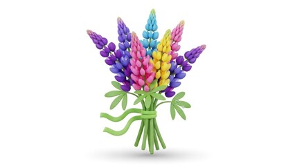 A colorful bouquet of lupine flowers with green stems and leaves against a white background.