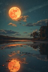 Orange full moon illuminating tranquil lake at night