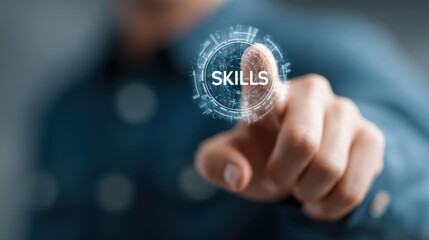 Businessman touches virtual skills icon for learning, career development and personal growth, showcasing new expertise and enhanced abilities in business