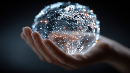 Woman's hand holds a glowing polygonal Globe representing global network connections and futuristic wireless technology