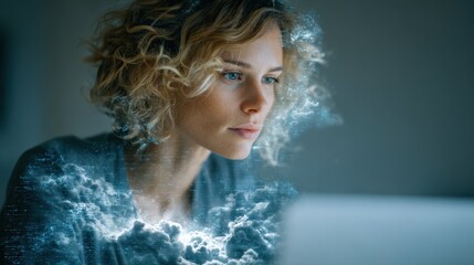 Businesswoman uses computer with digital document management software, data scanning and cloud computing database on futuristic holographic interface