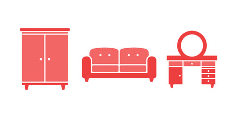 furniture icons in a flat style, comprising a cupboard, sofa, and dressing table with a simple color design template, vector illustration
