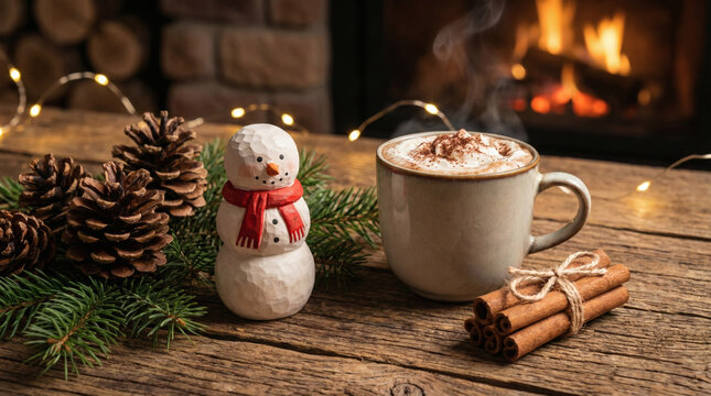 rustic Christmas setting with a miniature wooden snowman and pinecones placed on a vintage wooden table next to a steaming mug of hot cocoa and cinnamon sticks